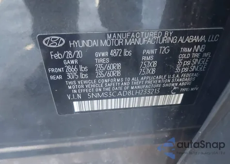 2020 Hyundai Santa Fe Sel from USA, damaged, VIN 5NMS3CAD8LH233213
